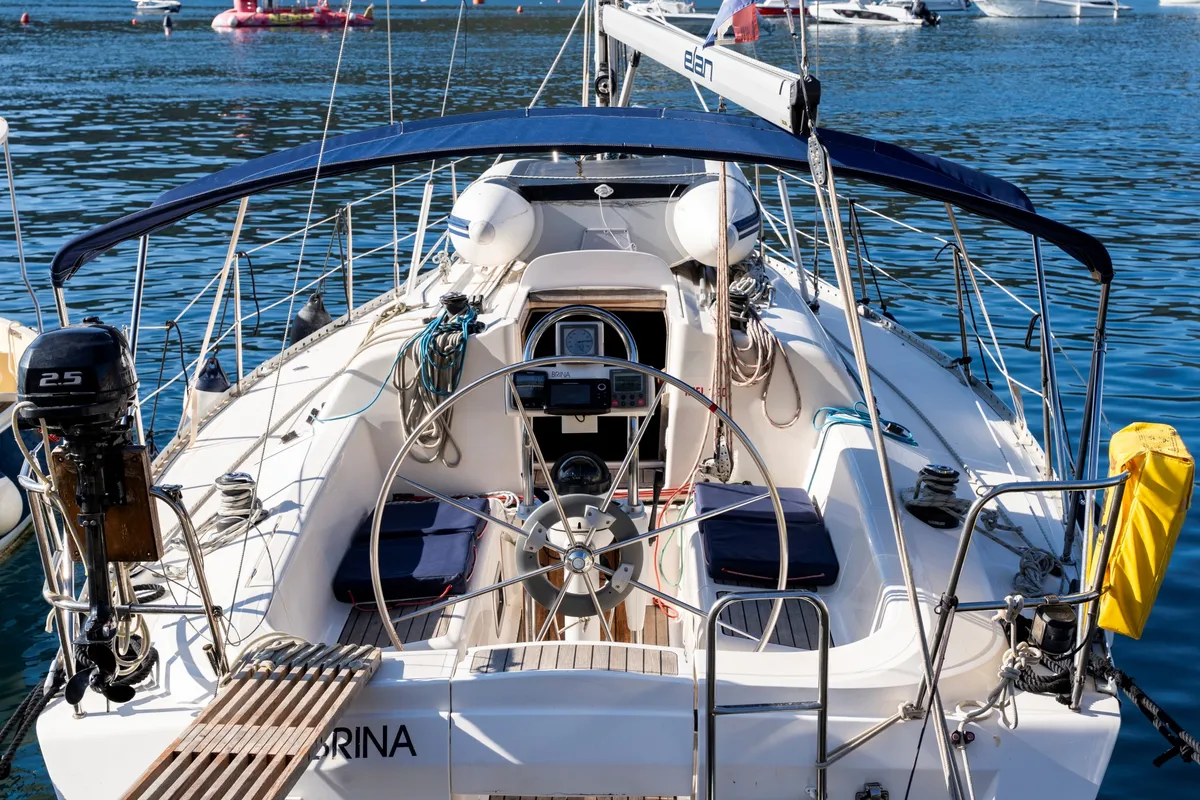 Cockpit of Brina, a Elan 333 sailboat at Grad Labin, Croatia