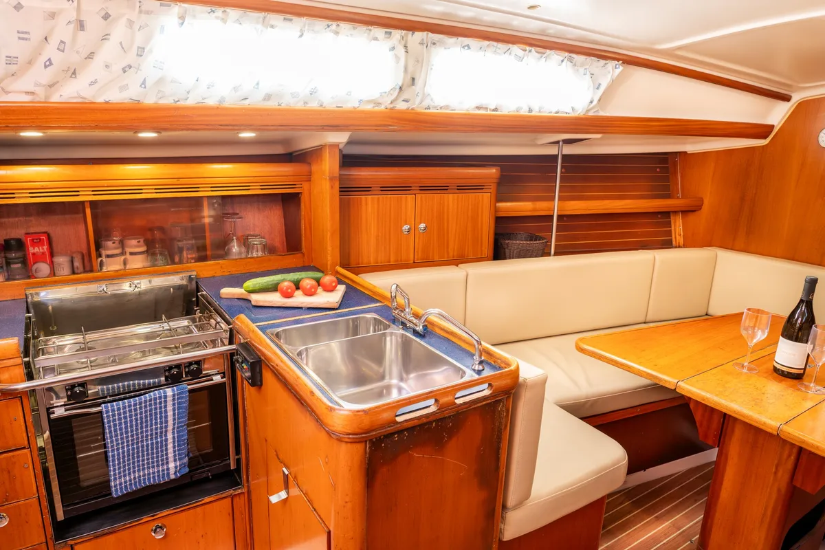 Galley of Brina, a Elan 333 sailboat at Grad Labin, Croatia