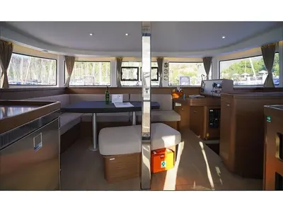 Salon of Lagoon 42, a catamaran at Agios Stefanos, Greece