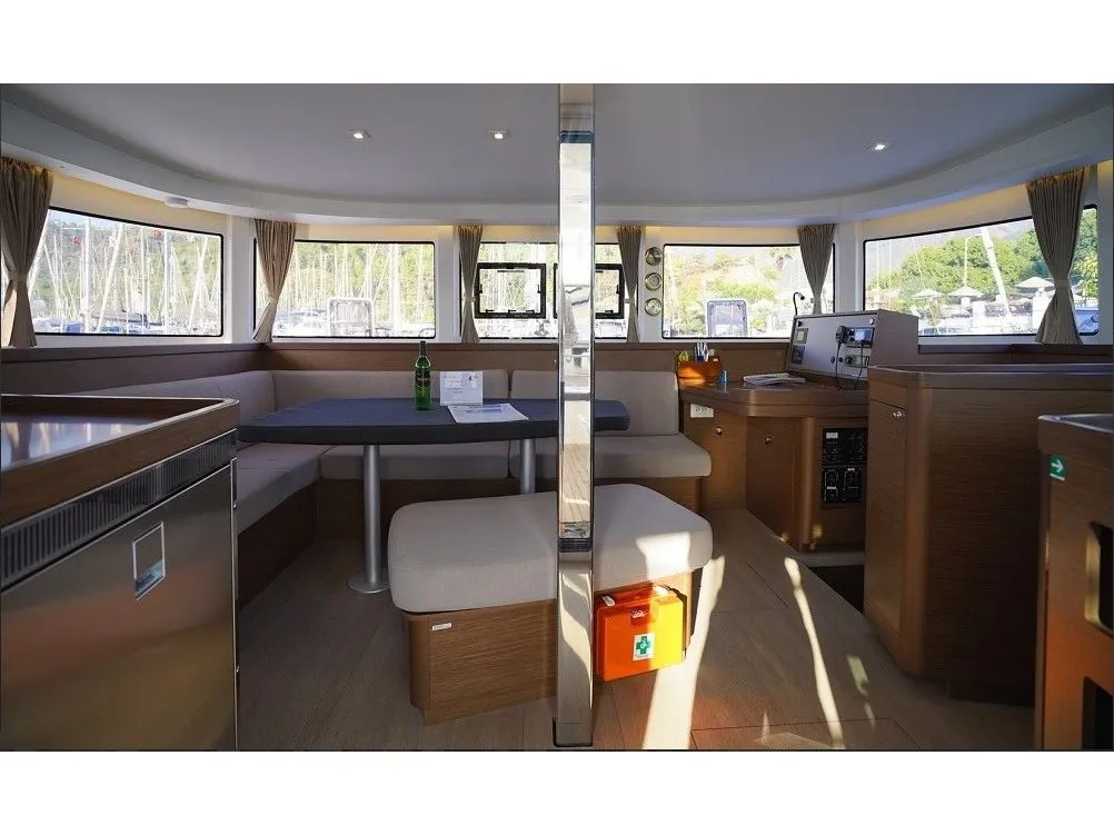 Salon of Lagoon 42, a catamaran at Agios Stefanos, Greece
