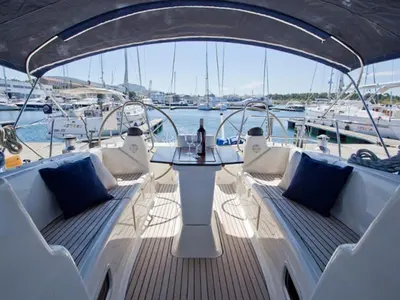 Cockpit of Blu Limone, a Bavaria 50 Cruiser sailboat at Nettuno, Italy