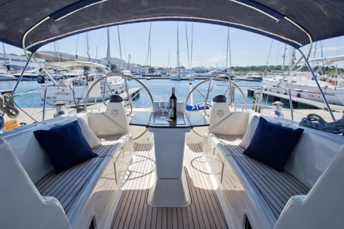 Cockpit of Blu Limone, a Bavaria 50 Cruiser sailboat at Nettuno, Italy