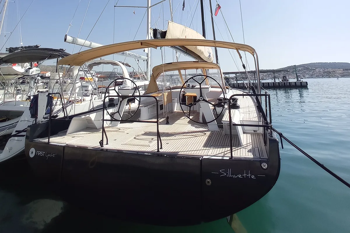 Deck of Silhuette, a Beneteau First 53 sailboat at Primošten, Croatia