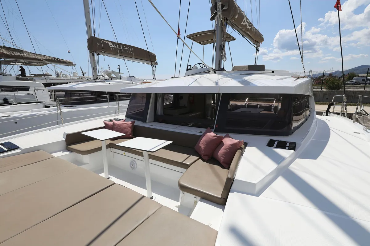 Deck of BlueRay, a Bali 4.1 catamaran at Port Elizabeth, Saint Vincent and the Grenadines