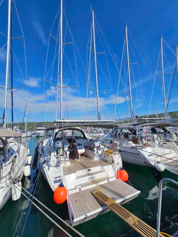 Exterior view of Elsa, a Bavaria Cruiser 46 sailboat at Punat, Croatia