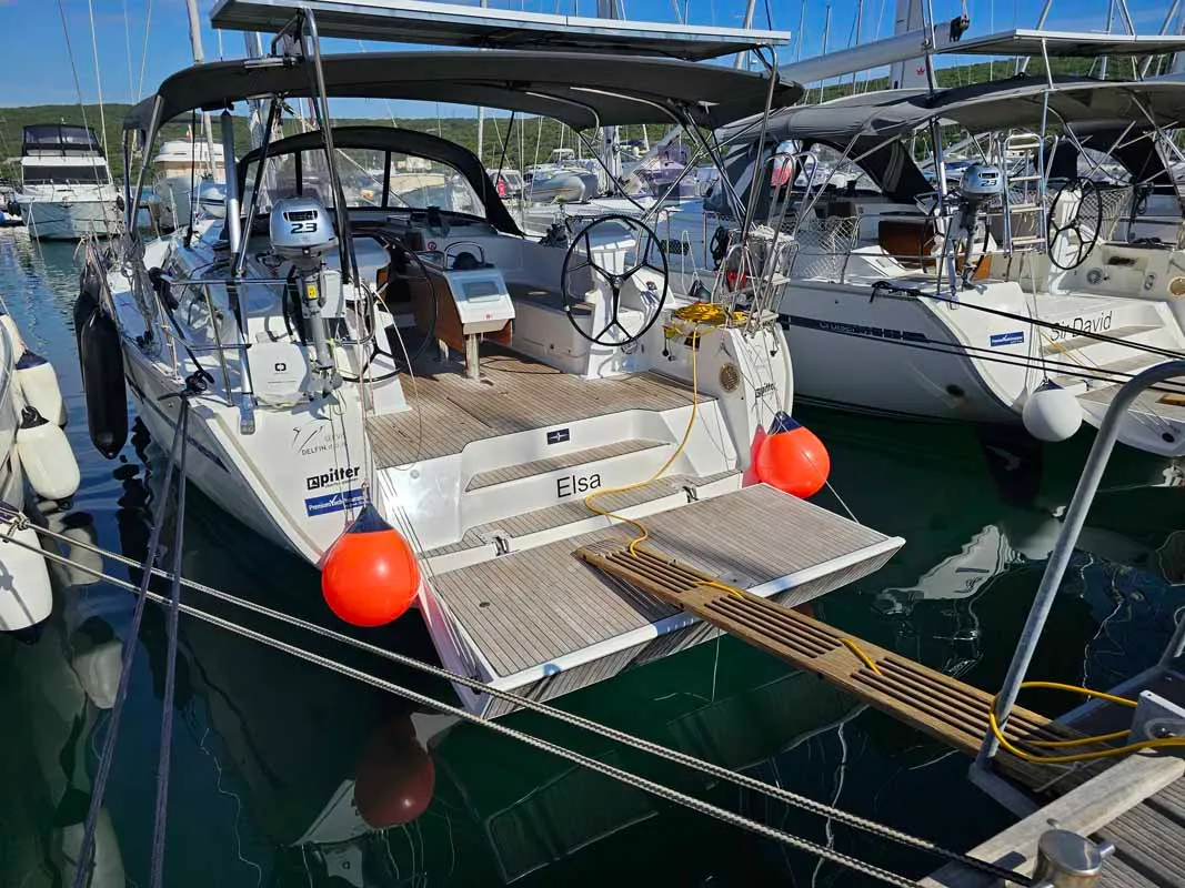 Exterior view of Elsa, a Bavaria Cruiser 46 sailboat at Punat, Croatia