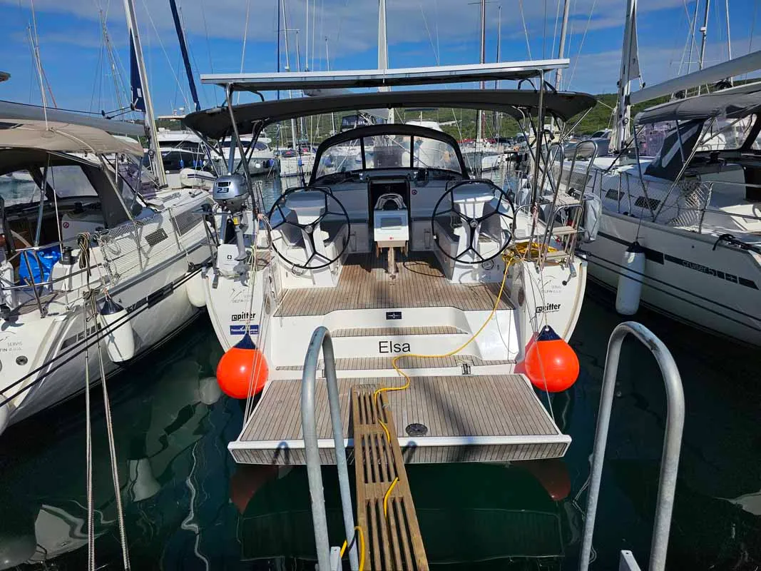 Exterior view of Elsa, a Bavaria Cruiser 46 sailboat at Punat, Croatia