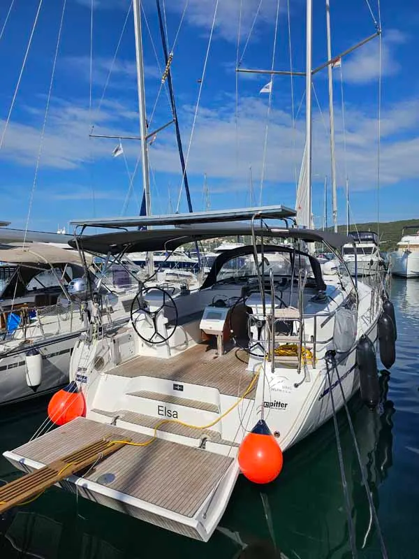Exterior view of Elsa, a Bavaria Cruiser 46 sailboat at Punat, Croatia