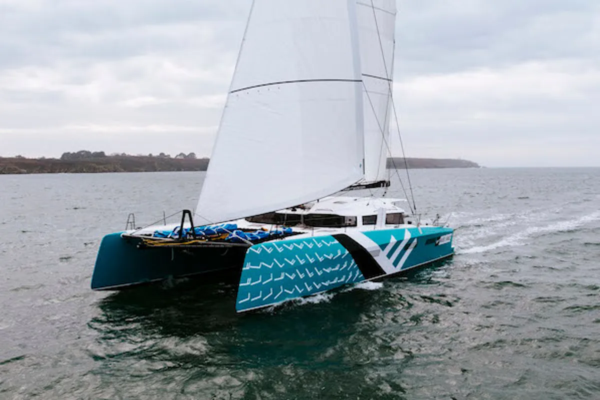Exterior view of Avel Vaez, a Marsaudon Composites ORC 57 catamaran at Alameda, United States