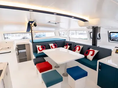 Salon of Avel Vaez, a Marsaudon Composites ORC 57 catamaran at Alameda, United States