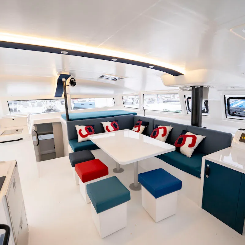 Salon of Avel Vaez, a Marsaudon Composites ORC 57 catamaran at Alameda, United States