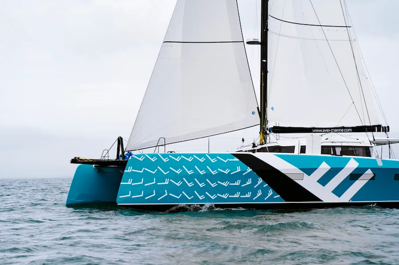 Exterior view of Avel Vaez, a Marsaudon Composites ORC 57 catamaran at Alameda, United States
