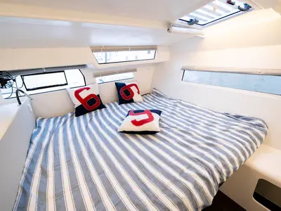 Cabin on Avel Vaez, a Marsaudon Composites ORC 57 catamaran at Alameda, United States