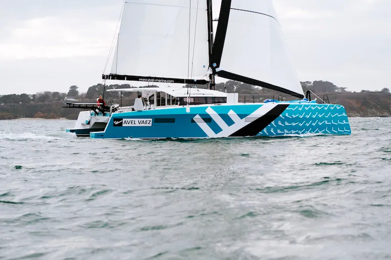 Exterior view of Avel Vaez, a Marsaudon Composites ORC 57 catamaran at Alameda, United States