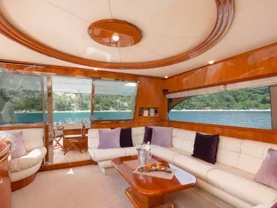 Salon of Angelica, a Ferretti Yachts 730 motor yacht at Riposto, Italy