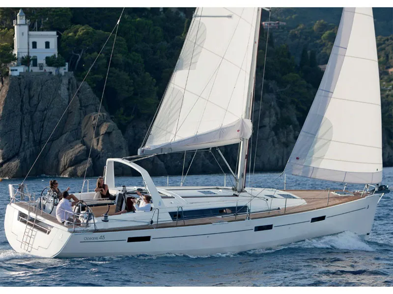 Exterior view of Nanoo, a Beneteau Oceanis 45 sailboat at Parikia, Greece