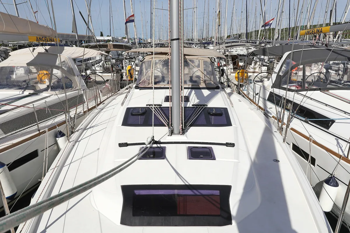 Deck of Air Princess, a Dufour 430 GL sailboat at Grad Biograd na Moru, Croatia