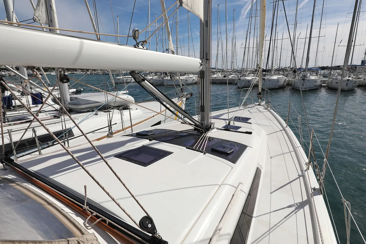 Deck of Air Princess, a Dufour 430 GL sailboat at Grad Biograd na Moru, Croatia