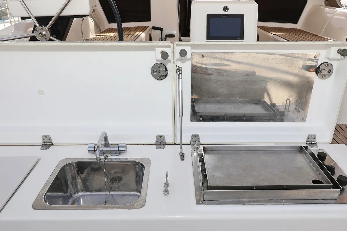 Deck of Air Princess, a Dufour 430 GL sailboat at Grad Biograd na Moru, Croatia