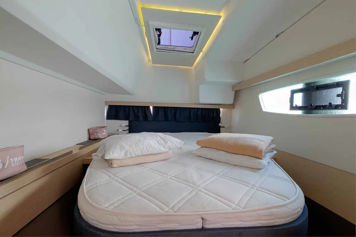 Cabin on Servus, a Fountaine Pajot Lucia 40 catamaran at Kontokali, Greece