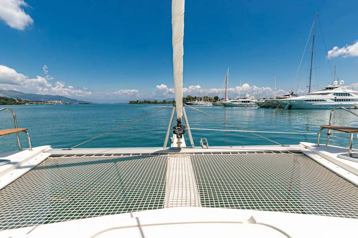 Deck of Servus, a Fountaine Pajot Lucia 40 catamaran at Kontokali, Greece