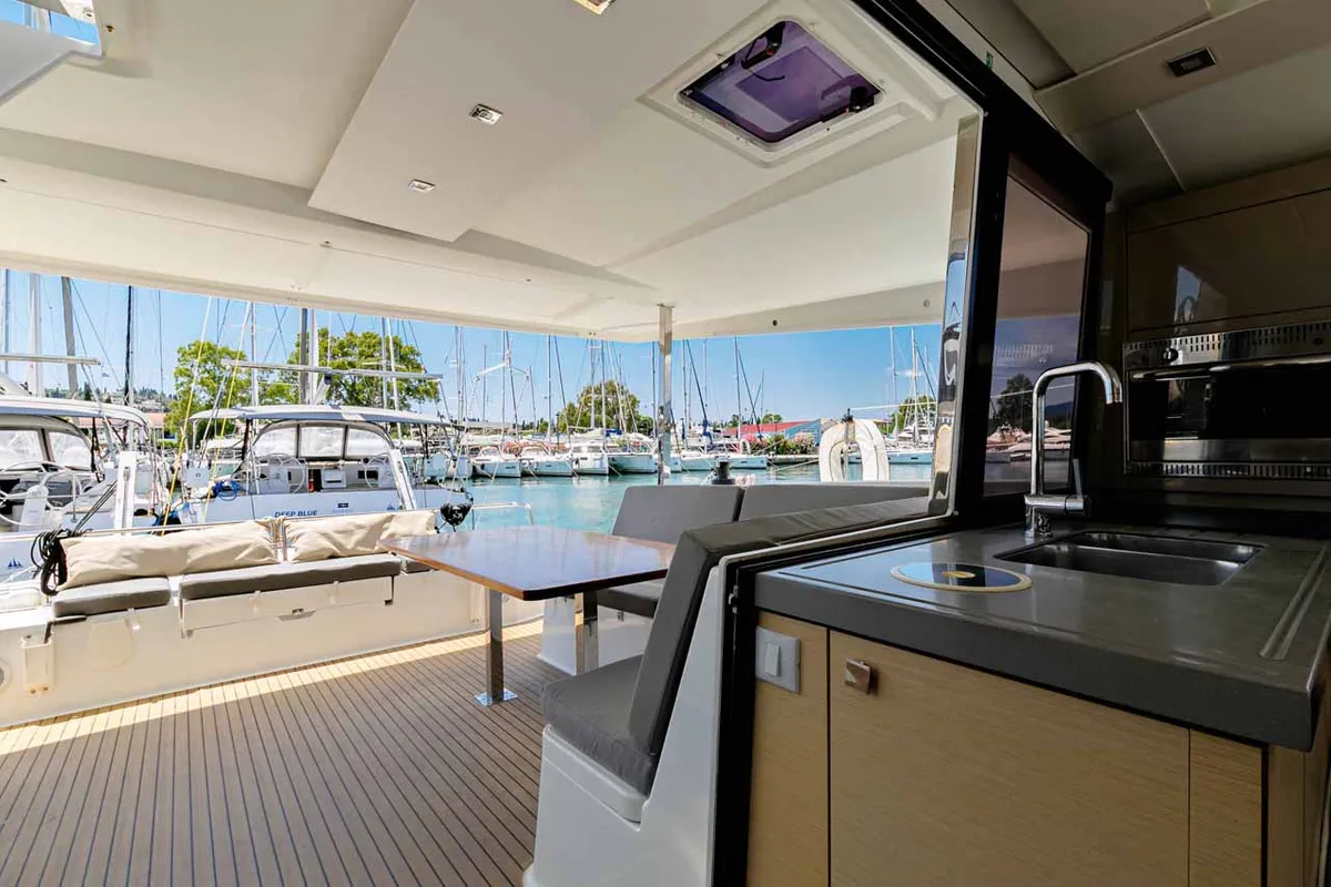 Deck of Servus, a Fountaine Pajot Lucia 40 catamaran at Kontokali, Greece