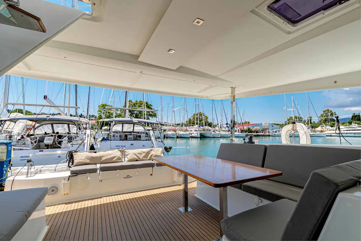 Deck of Servus, a Fountaine Pajot Lucia 40 catamaran at Kontokali, Greece