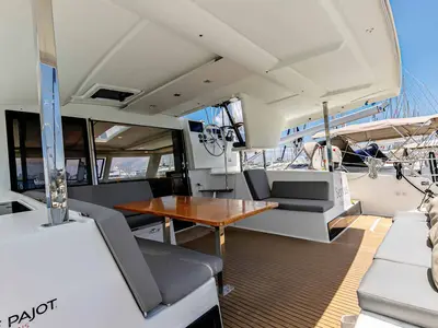 Cockpit of Servus, a Fountaine Pajot Lucia 40 catamaran at Kontokali, Greece