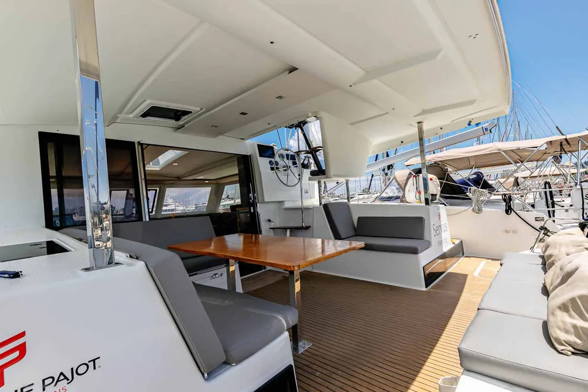 Cockpit of Servus, a Fountaine Pajot Lucia 40 catamaran at Kontokali, Greece