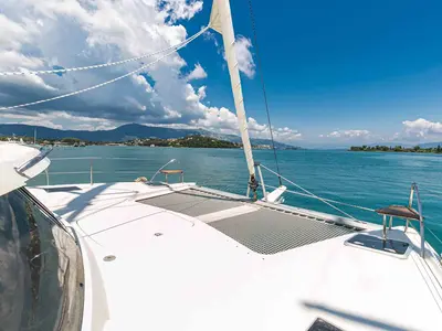 Deck of Servus, a Fountaine Pajot Lucia 40 catamaran at Kontokali, Greece