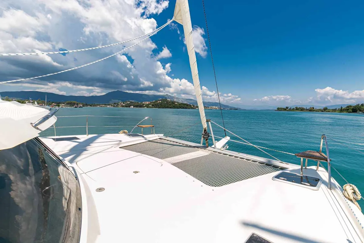 Deck of Servus, a Fountaine Pajot Lucia 40 catamaran at Kontokali, Greece