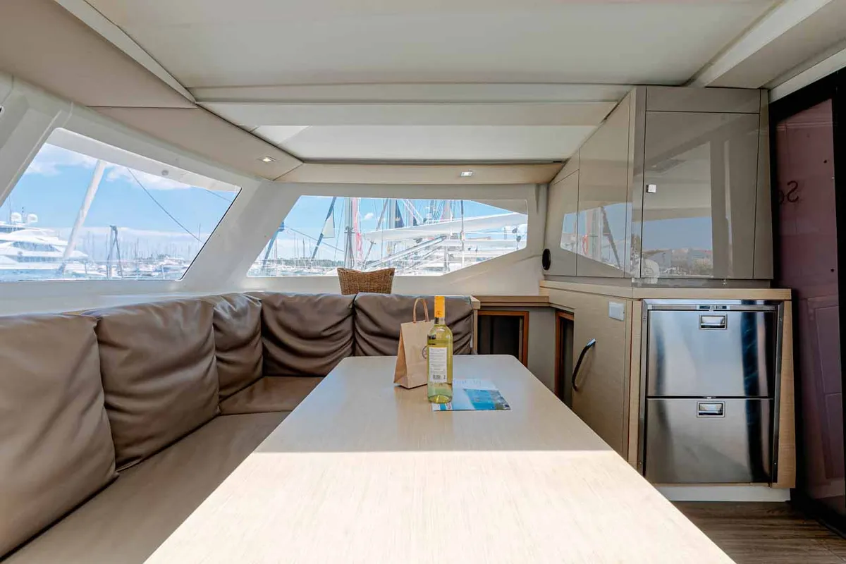 Salon of Servus, a Fountaine Pajot Lucia 40 catamaran at Kontokali, Greece