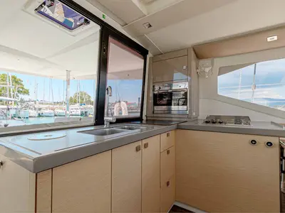 Galley of Servus, a Fountaine Pajot Lucia 40 catamaran at Kontokali, Greece