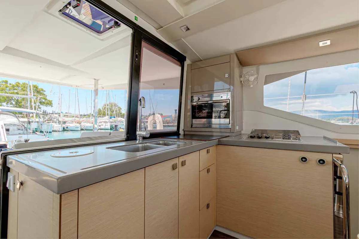Galley of Servus, a Fountaine Pajot Lucia 40 catamaran at Kontokali, Greece