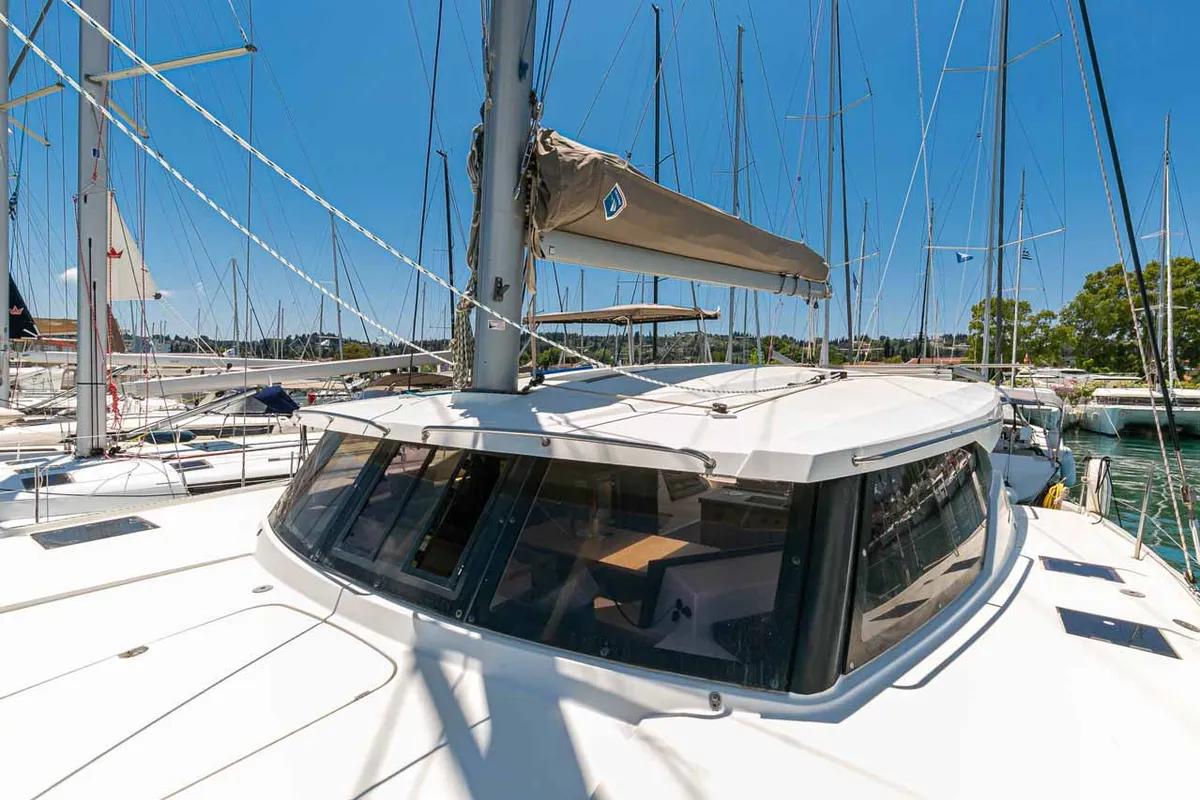 Exterior view of Servus, a Fountaine Pajot Lucia 40 catamaran at Kontokali, Greece