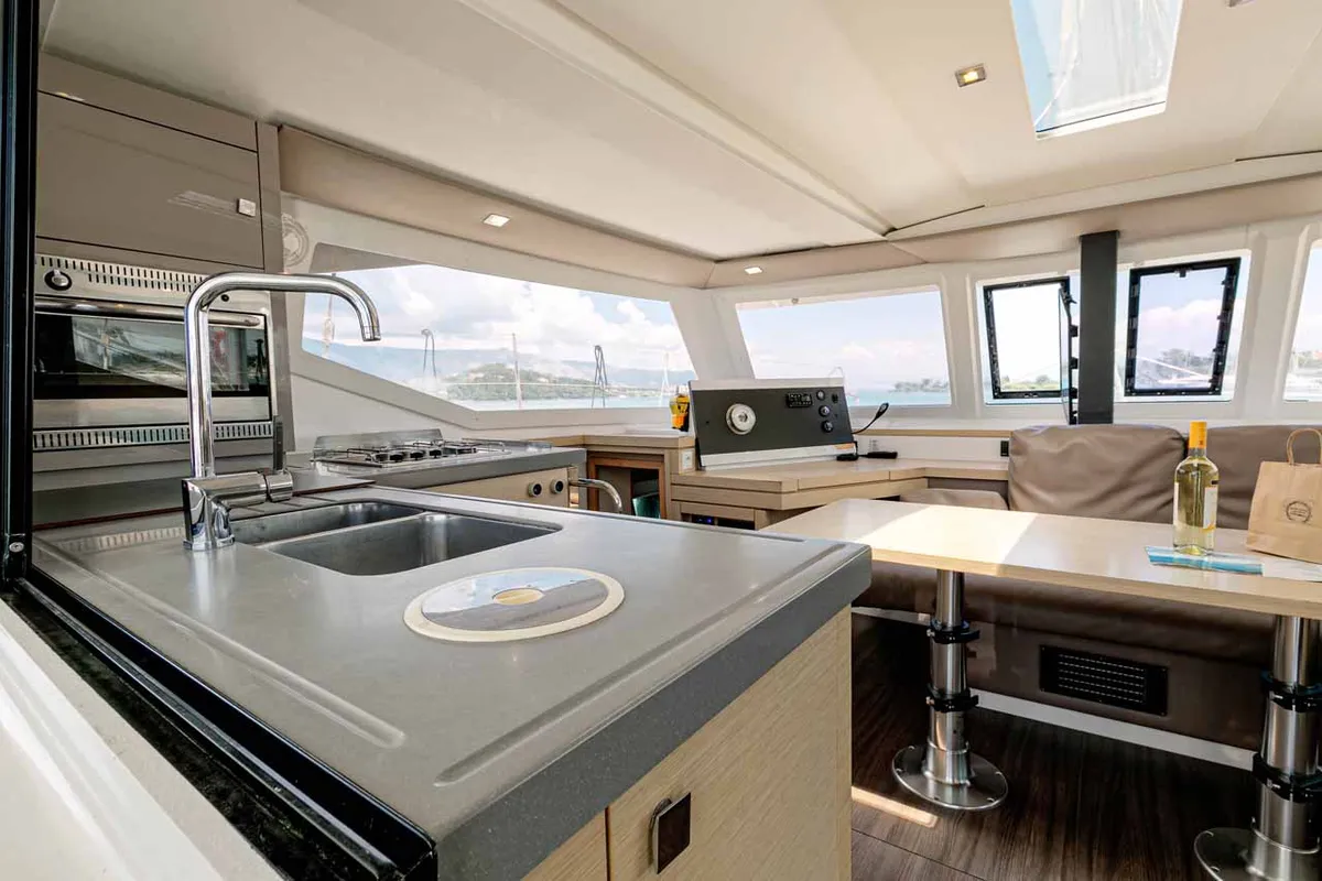 Galley of Servus, a Fountaine Pajot Lucia 40 catamaran at Kontokali, Greece