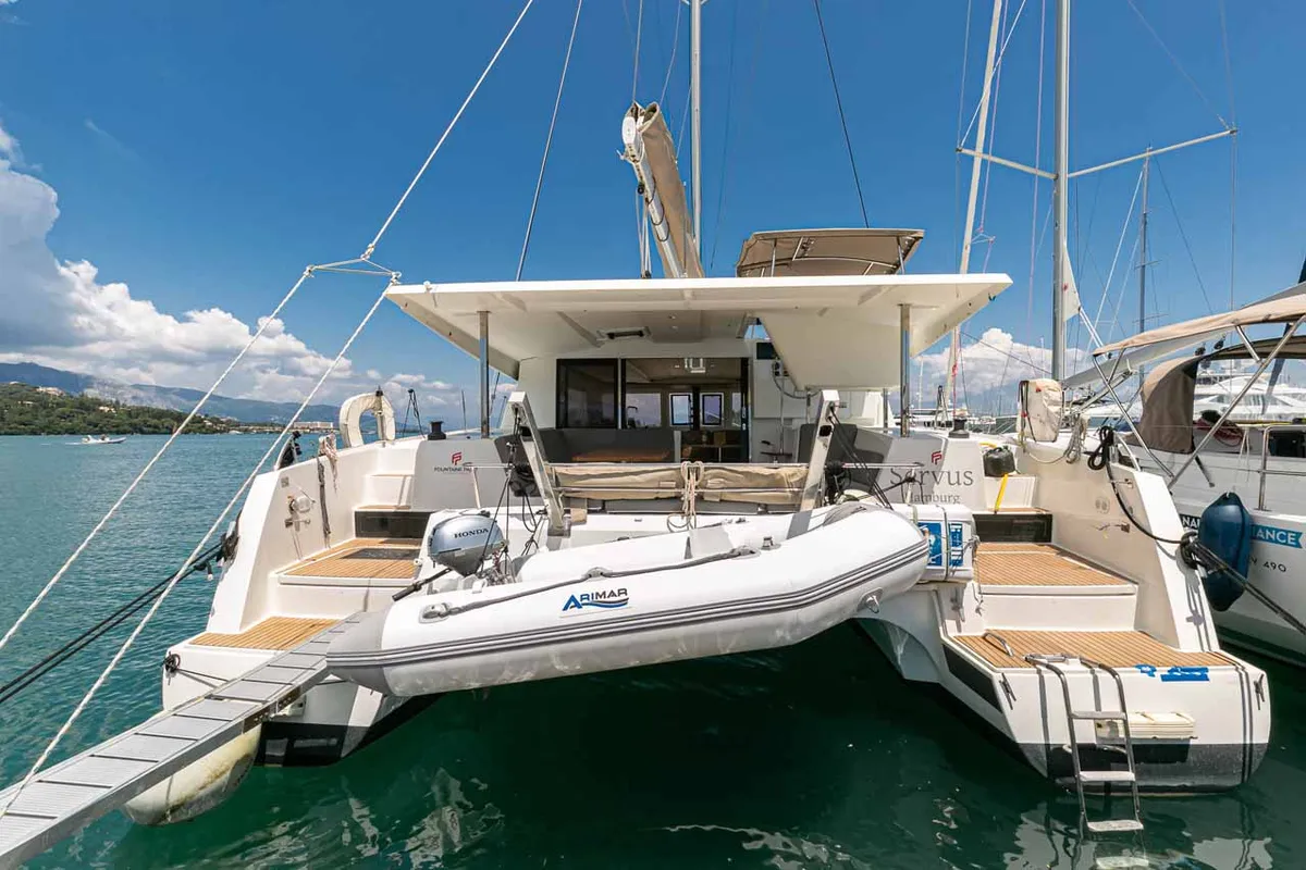 Exterior view of Servus, a Fountaine Pajot Lucia 40 catamaran at Kontokali, Greece