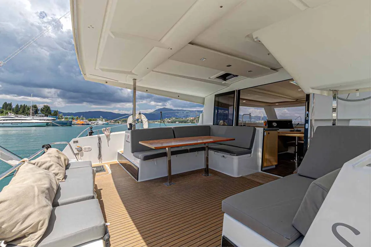 Deck of Servus, a Fountaine Pajot Lucia 40 catamaran at Kontokali, Greece