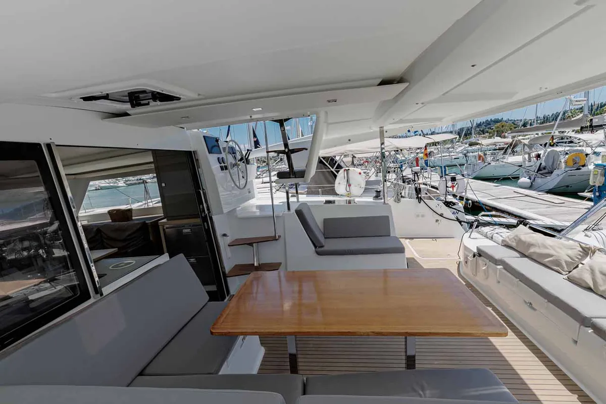 Cockpit of Servus, a Fountaine Pajot Lucia 40 catamaran at Kontokali, Greece