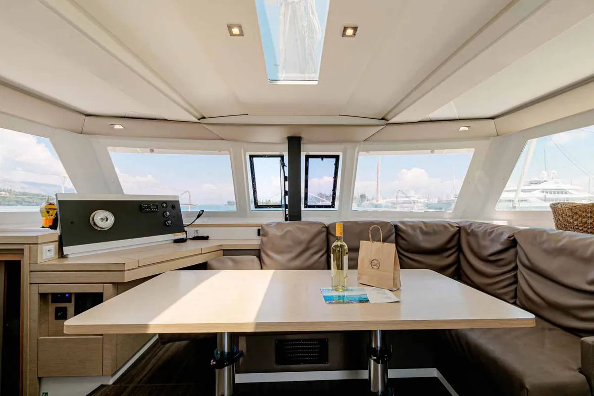 Salon of Servus, a Fountaine Pajot Lucia 40 catamaran at Kontokali, Greece