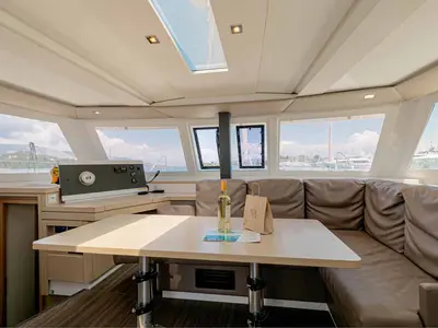 Salon of Servus, a Fountaine Pajot Lucia 40 catamaran at Kontokali, Greece