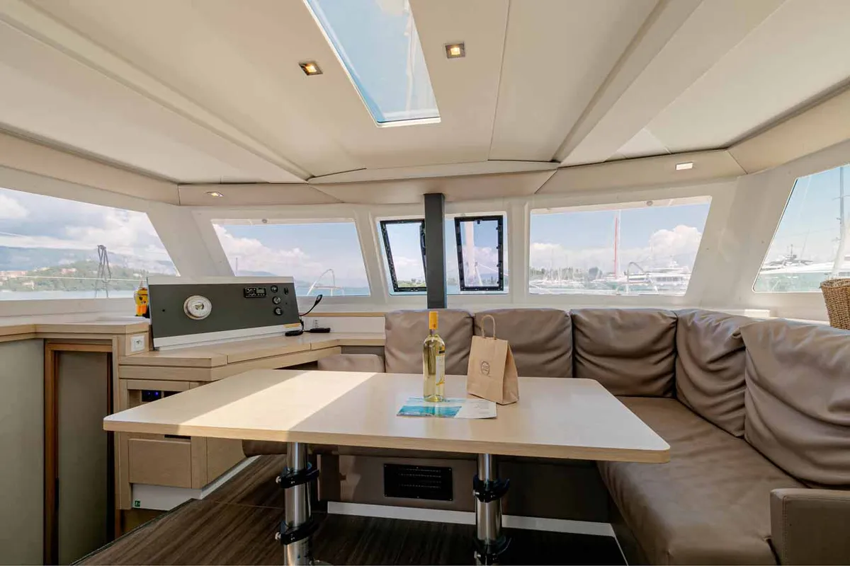 Salon of Servus, a Fountaine Pajot Lucia 40 catamaran at Kontokali, Greece