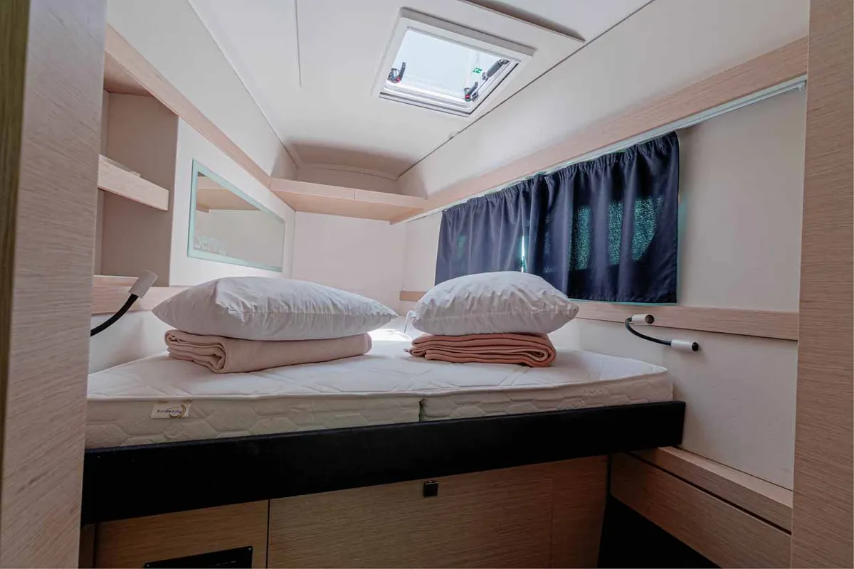Cabin on Servus, a Fountaine Pajot Lucia 40 catamaran at Kontokali, Greece