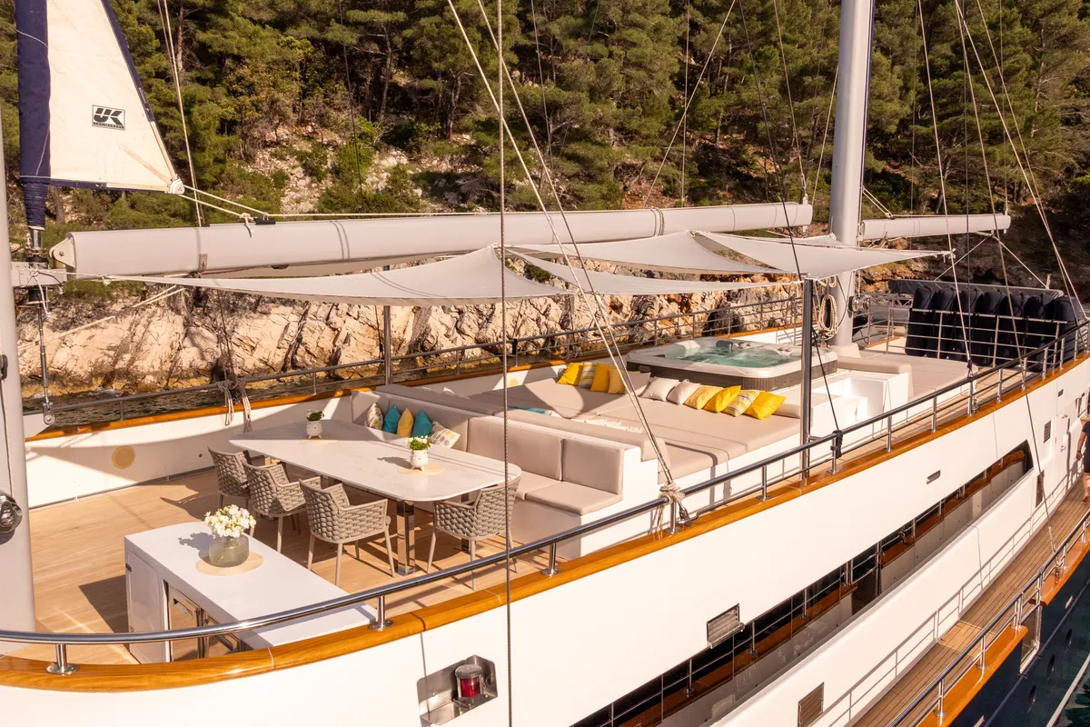 Deck of Dalmatino, a Gulet Luxury Sailing Yacht sailboat at Split, Croatia
