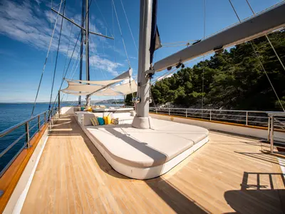 Deck of Dalmatino, a Gulet Luxury Sailing Yacht sailboat at Split, Croatia