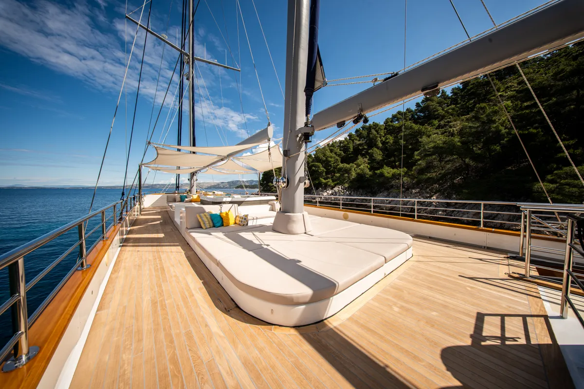 Deck of Dalmatino, a Gulet Luxury Sailing Yacht sailboat at Split, Croatia