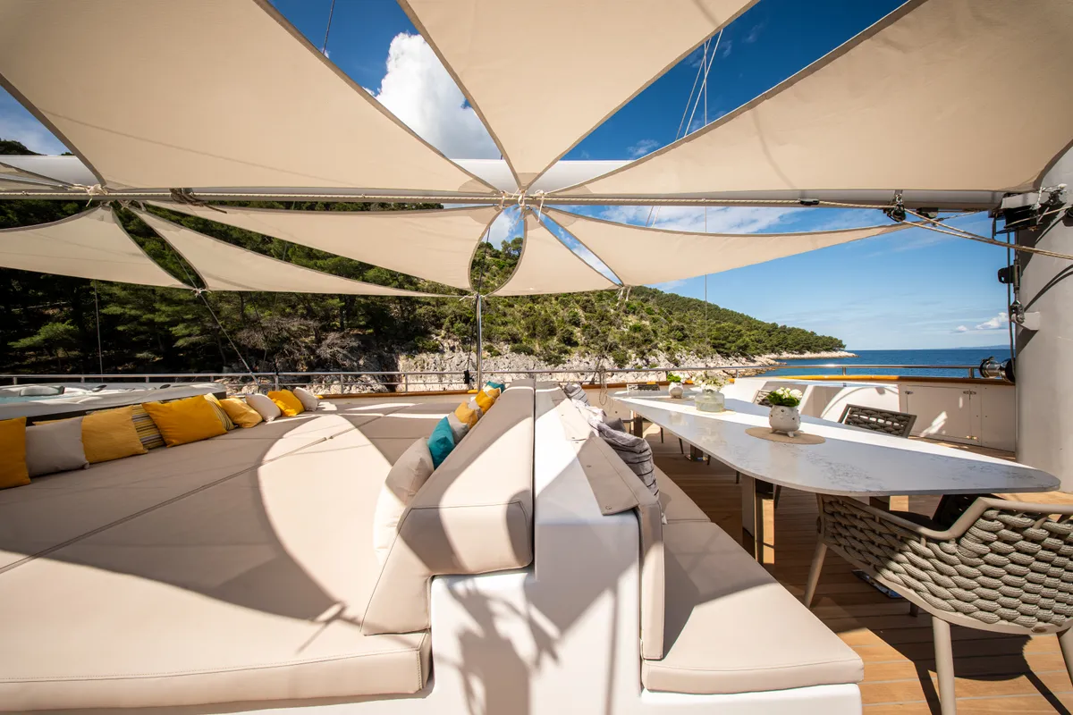 Deck of Dalmatino, a Gulet Luxury Sailing Yacht sailboat at Split, Croatia