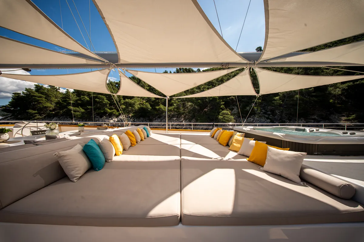 Deck of Dalmatino, a Gulet Luxury Sailing Yacht sailboat at Split, Croatia