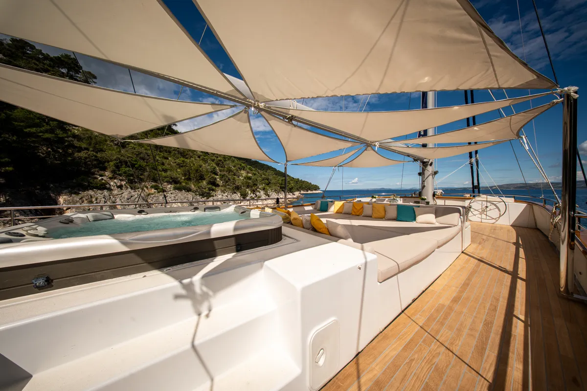 Deck of Dalmatino, a Gulet Luxury Sailing Yacht sailboat at Split, Croatia