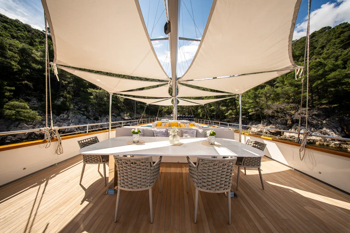 Deck of Dalmatino, a Gulet Luxury Sailing Yacht sailboat at Split, Croatia